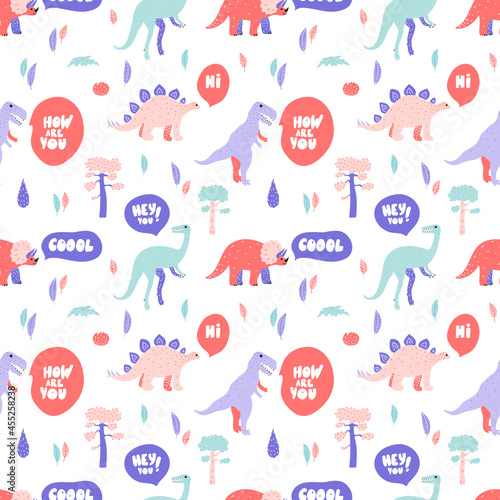 Seamless pattern with dinos saying greetings, pine trees, bushes and leaves. Cute doodle childish design in pastel colors. For prints, backgrounds, wrapping paper, textile, linen, wallpaper, etc. 