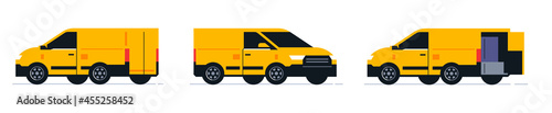 A set of vans for an online parcel delivery service. Transport for delivery of orders. Van front and back views. Transport with open doors and parcels inside. Vector illustration.