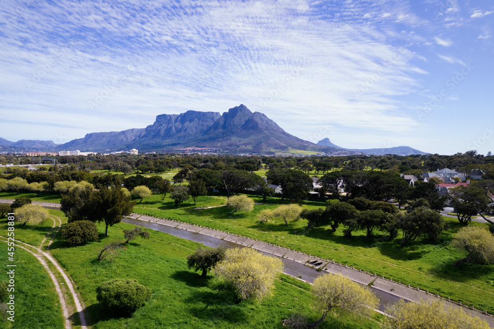 Aerial drone view of the eastern side of Table Mountain during the day, as viewed from Pinelands.