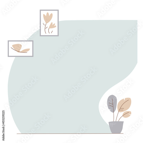 A part of romm background. A wall with pictures and home plant.