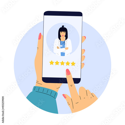 A satisfied patient leaves a good review to the Asian doctor using the mobile application. Hand rates five stars. Customer feedback online. Rating flat concept