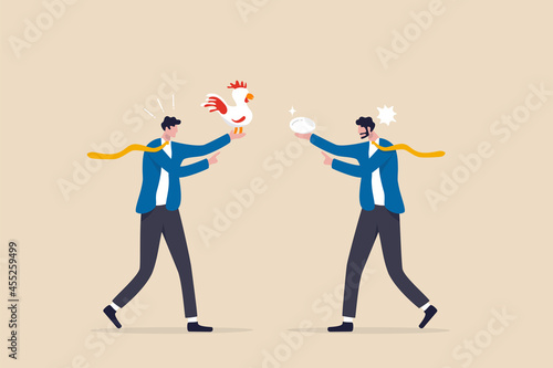 Business argument, conflict or disagreement, wasted meeting time arguing with no result, controversy question concept, businessman colleagues arguing or fight about chicken vs egg who come first.