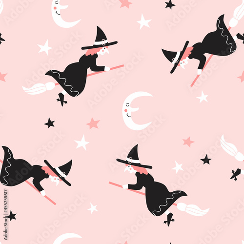 Seamless pattern with witches flying on brooms. Halloween design for fabric and paper, surface textures. 