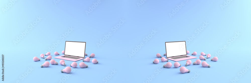 3D rendering of pink laptop white screen surrounded by Many pink light bulbs placed on a pastel blue floor. Concept of money and Business on laptop, Creative idea on laptop,isolated on blue background 3D rendering of pink laptop white screen surrounded by Many pink light bulbs placed on a pastel blue floor. Concept of money and Business on laptop, Creative idea on laptop,isolated on blue background