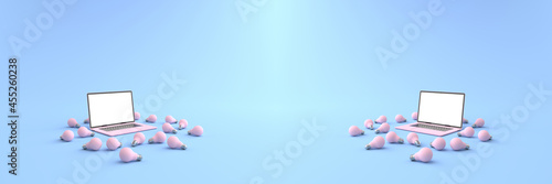 3D rendering of pink laptop white screen surrounded by Many pink light bulbs placed on a pastel blue floor. Concept of money and Business on laptop, Creative idea on laptop,isolated on blue background