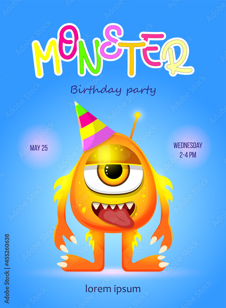 Cute monster happy birthday party invitation card design. Vector