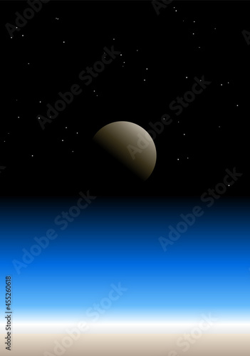 Earth atmosphere with moon and stars on the dark universe horizon. Karman line as the start of outer space. The layers of Earth's atmosphere. Boundary between Earth and space. Vector illustration. 