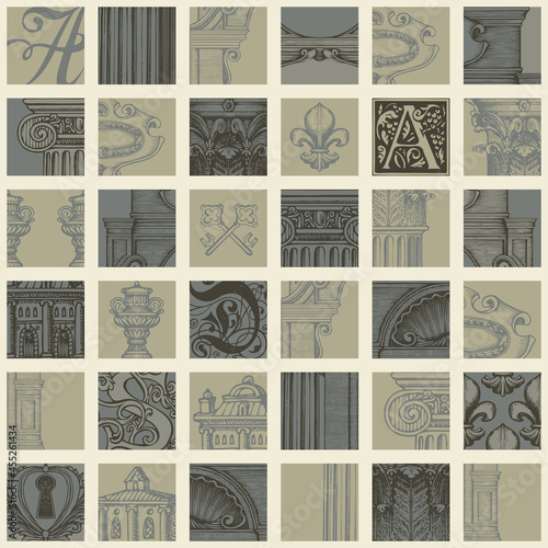 Hand-drawn seamless pattern in vintage style on theme of ancient architecture and art. Vector background with square fragments on an old paper backdrop. Wallpaper, wrapping paper, fabric, flooring