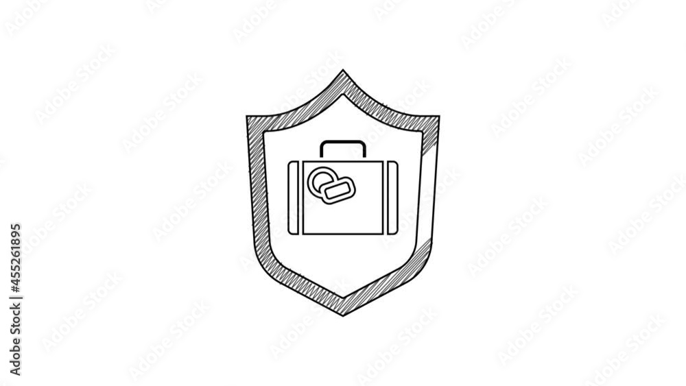 Black line Travel suitcase with shield icon isolated on white background. Traveling baggage insurance. Security, safety, protection, protect concept. 4K Video motion graphic animation Black line Travel suitcase with shield icon isolated on white background. Traveling baggage insurance. Security, safety, protection, protect concept. 4K Video motion graphic animation