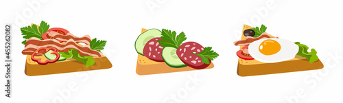 Set of morning sandwiches and toasts for breakfast. Fried pieces of bread with sausage, cheese, eggs, bacon and ham with tomatoes and cucumber. Concept breakfast for menu design. Vector illustration.