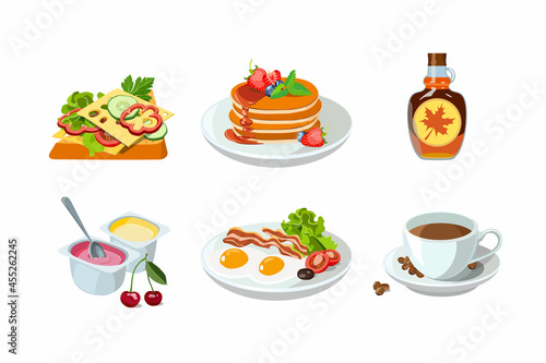 Classic hotel breakfast set with pancakes and maple syrup, cheese toast, cup of coffee. Menu poster with fried egg, bacon, yogurt and fruit. Brunch healthy start day options food. Vector illustration