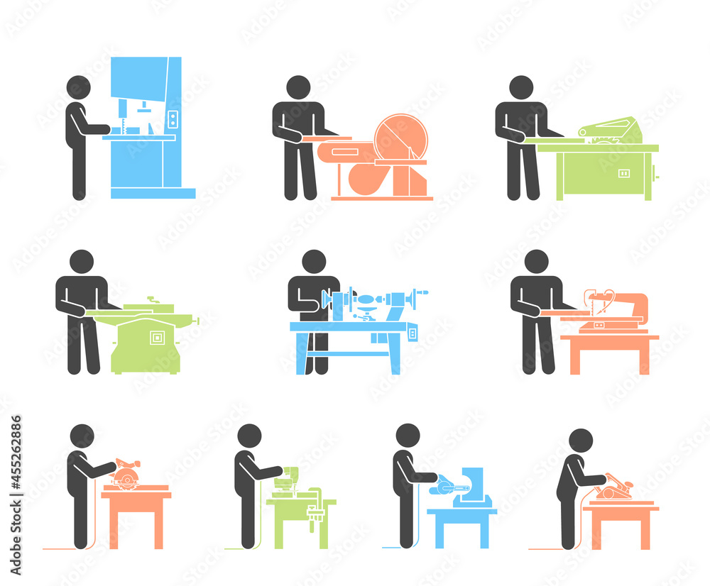 Pictograms Icon collection of electric machine tools for wood. Machines used in production in various types of industry. Pictograms Icon collection of electric machine tools for wood. Machines used in production in various types of industry.