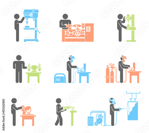 Pictograms Icon collection of electric machine tools  for metal, plastic. Machines used in production in various types of industry.