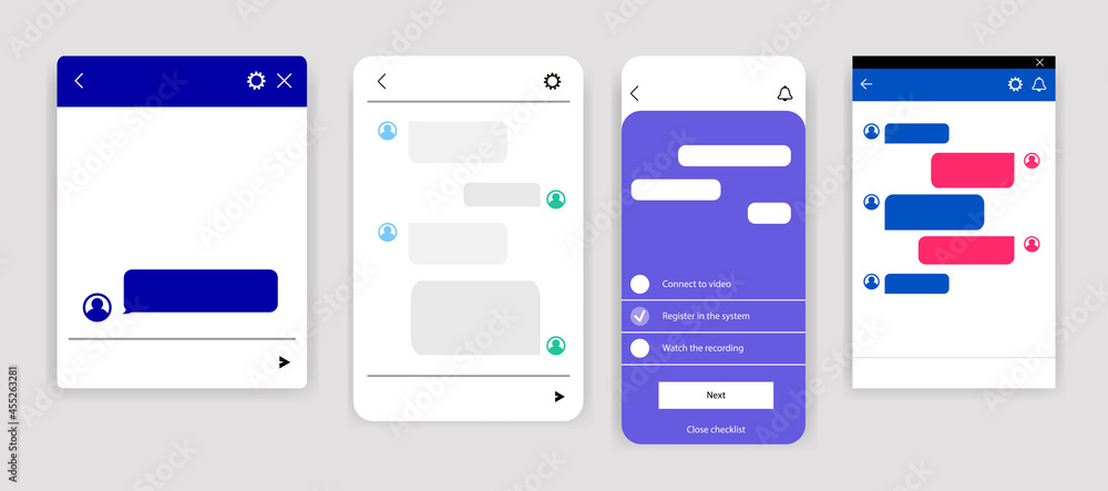 Set of Online chatbot text messaging app isolated on white background. Windows for website. Social communication concepts chatting. Vector template Set of Online chatbot text messaging app isolated on white background. Windows for website. Social communication concepts chatting. Vector template