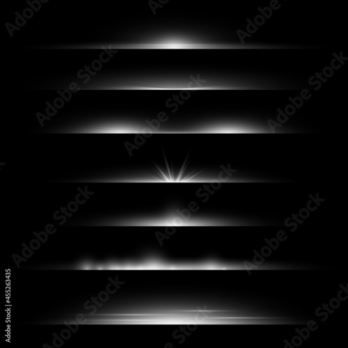 Line flare. Light dividers glowing borders, white horizontal beams. Futuristic transparent rays. Magic shimmer backdrop, stardust frame, silver decor vector realistic isolated set