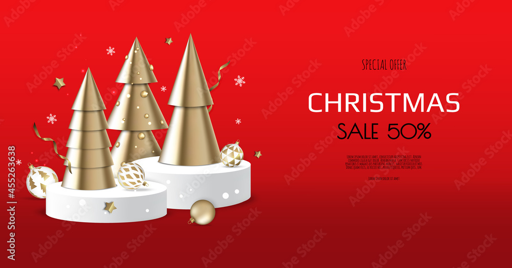 Christmas and New Year background. Conical Gold Christmas Trees. Winter holiday composition. Greeting card, banner, poster, header for website