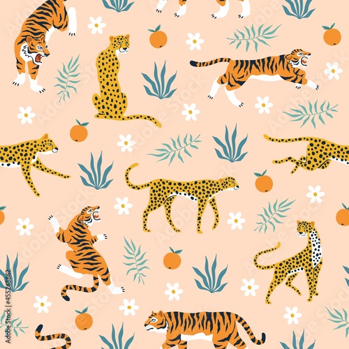 Seamless pattern tigers. Trendy tropical background with wild animals, jaguars, leopards, flowers, modern palm leaves and predators. Decor textile, wrapping paper wallpaper vector print