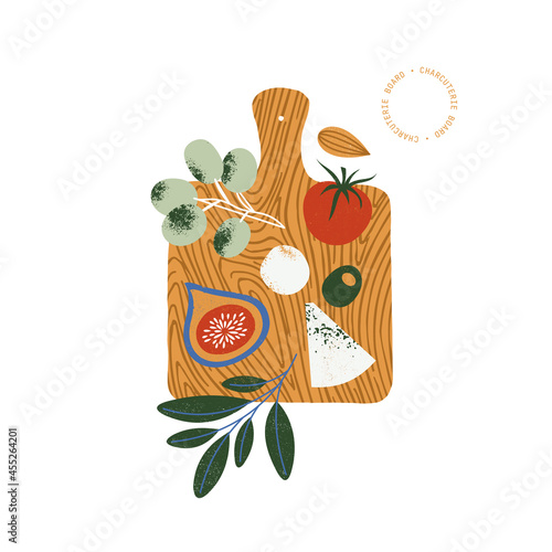 Charcuterie board illustration. Appetizers board with cheese, strawberry, grape and fig. Charcuterie and cheese platter. 