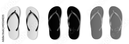 Realistic flip flops mockup. Monochrome beach footwear, black, white and grey, empty rubber swimming pool, beach and bathroom sandals pairs, summer shoes. Top view footwear vector set