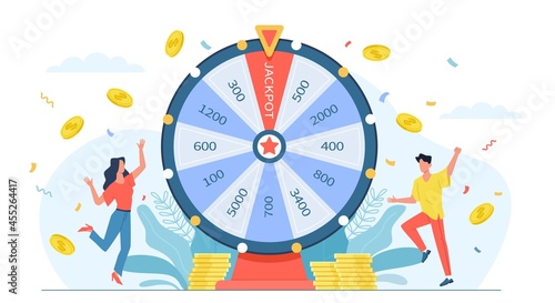 Fortune wheel people. Casino gaming game, lucky players have bingo and win money, numbers slots, spinning round machine, man and woman winners jackpot. Vector cartoon flat isolated concept