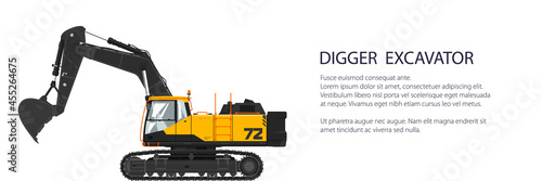 Digger hydraulic excavator with dipper , construction equipment banner, vector illustration