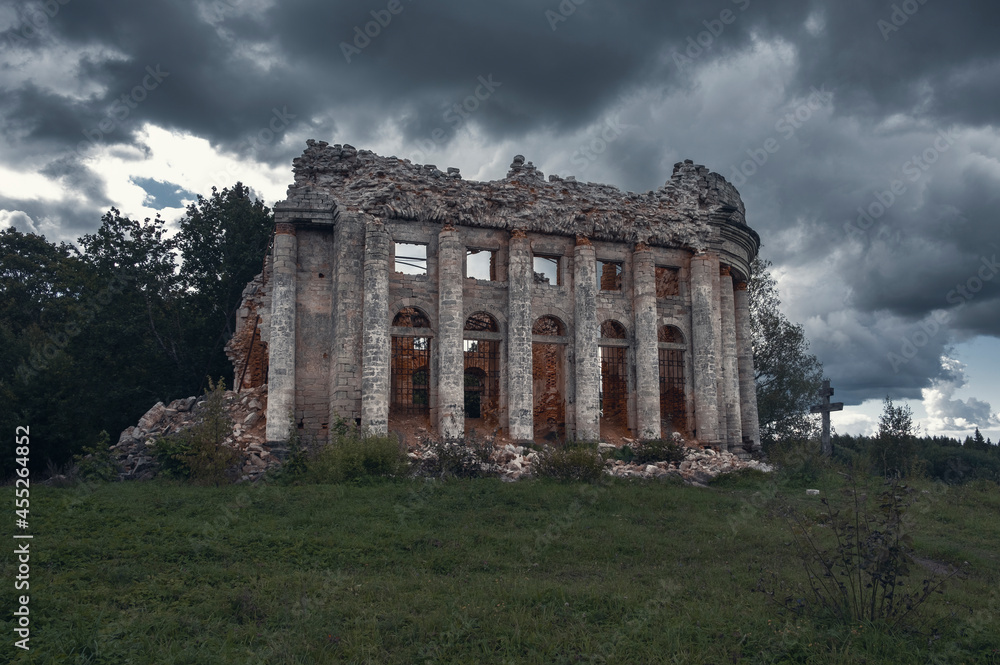 Ruins of the Trinity Church in the estate of the Fifth Mountain in the Volosovsky district of the Leningrad region in Russia