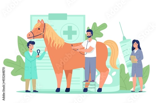 Tiny vet doctors. Miniature veterinarians treat big horse, preventive domestic animal examine and treatment, pet checkup and health care in veterinary clinic vector cartoon concept