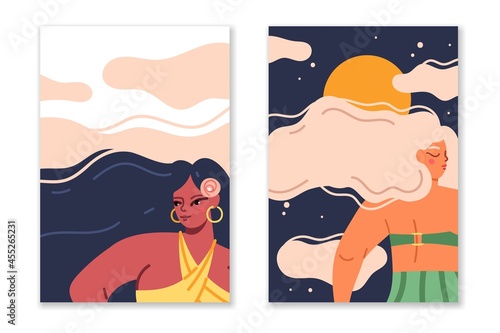 Long female hair. Wavy women hairstyle in nature silhouette, beautiful characters, femmes in swimsuit and bikini, summer time. Pretty girl portraits day and night backdrop. Vector set