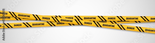 Yellow ribbons Warning. Quarantine safety warning tapes frame, caution obstruction. Dangerous crossing stripes. Horizontal security barricade template. Vector isolated illustration