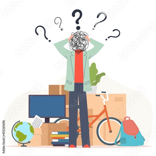 Confusion and misunderstanding concept. Stressed man worried about moving, boxes and things on background, relocation and unpacking. Tangled cords head and question signs vector illustration