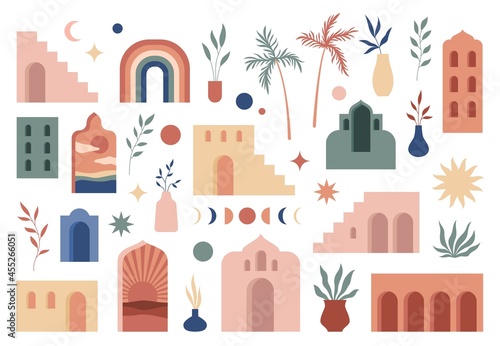 Abstract boho architecture. Buildings geometry elements, contemporary aesthetic simple style, minimalistic flat oriental forms. Doors and windows, sun moon and stars, vector isolated set