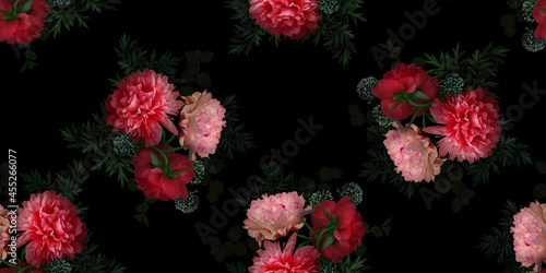 Pink flowers peonies on a black background. Floral seamless pattern.