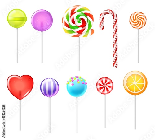 Realistic lollipops. Color sweets different types, sugar food, bright candies, traditional christmas cane, round spiral on stick, red heart. Colorful confectionery for kids. Vector set © YummyBuum