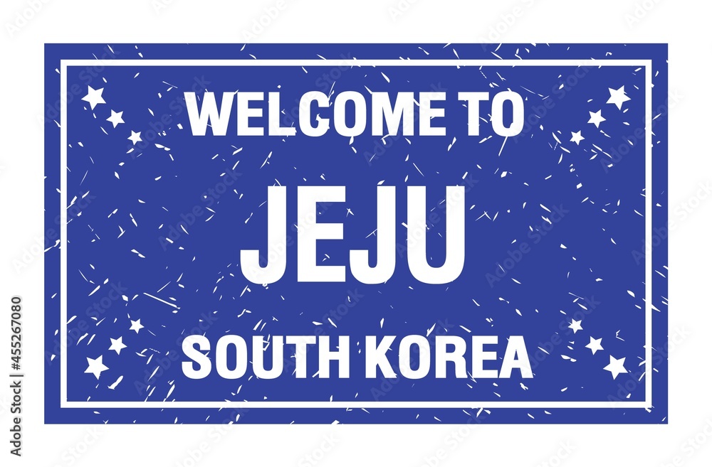 WELCOME TO JEJU - SOUTH KOREA, words written on blue rectangle stamp