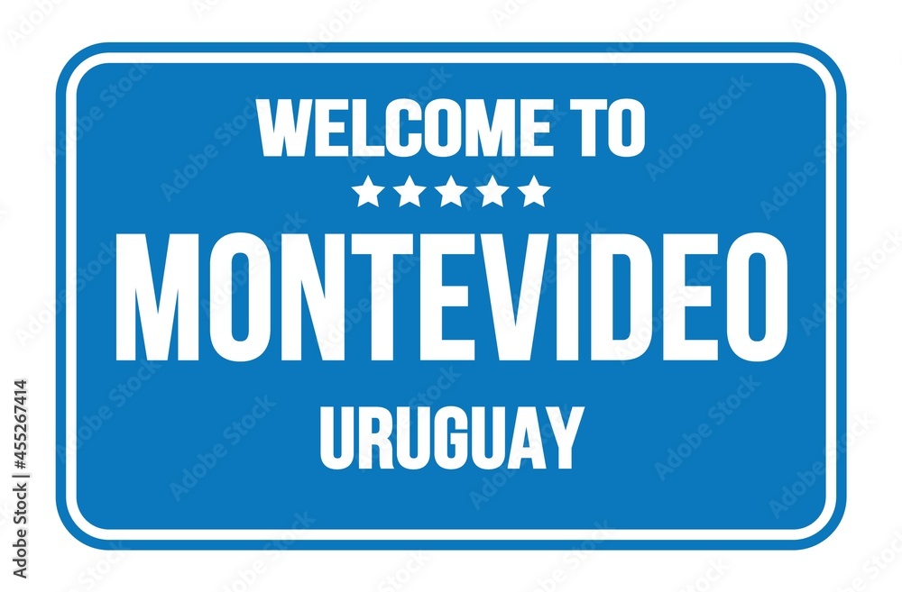 WELCOME TO MONTEVIDEO - URUGUAY, words written on blue street sign stamp