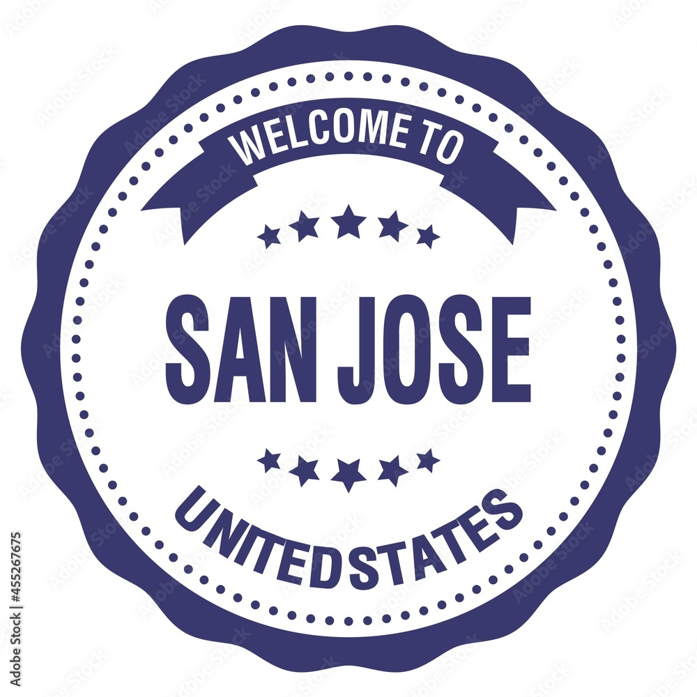 WELCOME TO SAN JOSE - UNITED STATES, words written on blue stamp
