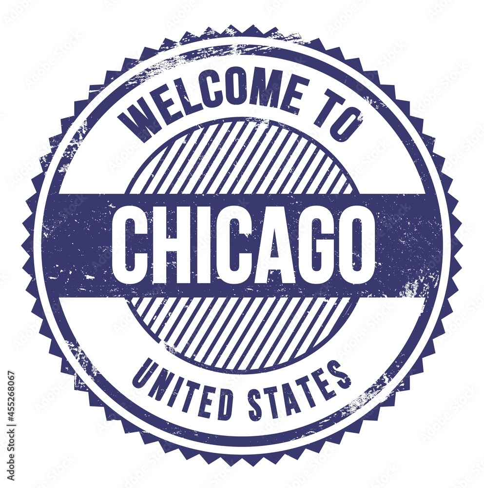 WELCOME TO CHICAGO - UNITED STATES, words written on blue stamp
