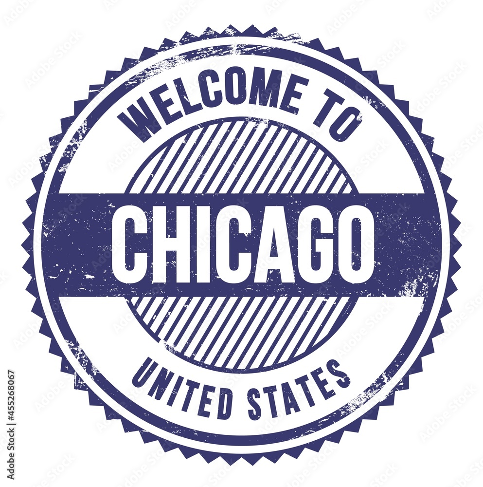 WELCOME TO CHICAGO - UNITED STATES, words written on blue stamp WELCOME TO CHICAGO - UNITED STATES, words written on blue stamp