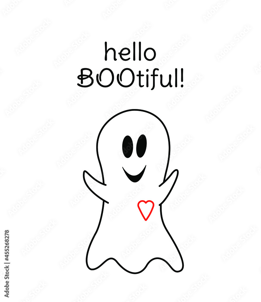 Ghost card. Hello bootiful. Baby. Funny ghost with heart for Halloween. Isolated vector stock illustration EPS 10 on white background Ghost card. Hello bootiful. Baby. Funny ghost with heart for Halloween. Isolated vector stock illustration EPS 10 on white background