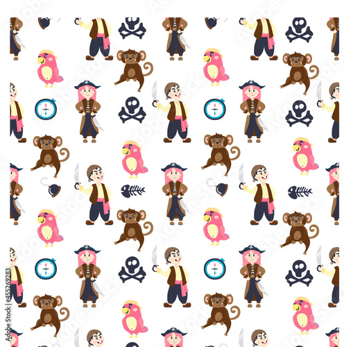 seamless pattern with cartoon little pirates, skull with bones, compass, parrot, monkey and hook