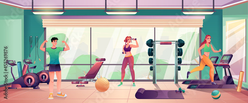 Gym interior with sportsman, mirror, green walls, panoramic window with park and cityscape view, running track, dumbbell, barbell, cycling and fitness equipment. Vector graphic illustration
