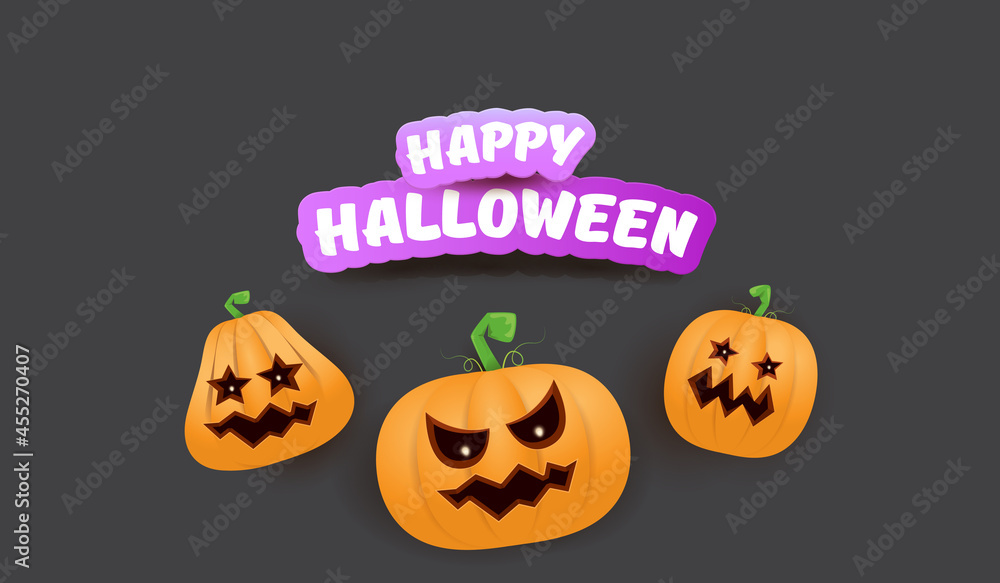 Halloween Horizontal web Banner or poster with Halloween scary pumpkins gang isolated on grey background. Funky kids Halloween concept background with greeting text Halloween Horizontal web Banner or poster with Halloween scary pumpkins gang isolated on grey background. Funky kids Halloween concept background with greeting text