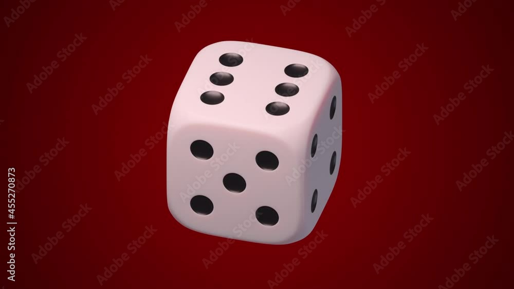 White plastic dice, black dots. Close up view. Infinite rotation. Red background. Gambling, casino concept clip. Playing game addiction. Luck, success, fortune. 3D Render. 4K animation White plastic dice, black dots. Close up view. Infinite rotation. Red background. Gambling, casino concept clip. Playing game addiction. Luck, success, fortune. 3D Render. 4K animation
