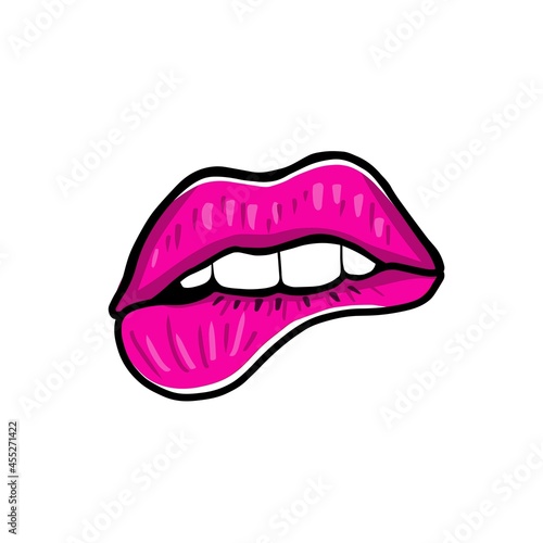 Pink lips, sexy biting lips, white teeth, mouth. Fashion illustration for beauty salons, tattoo artists, makeup, logo, packaging, greeting cards. Image isolated on white background.Vector eps 10.