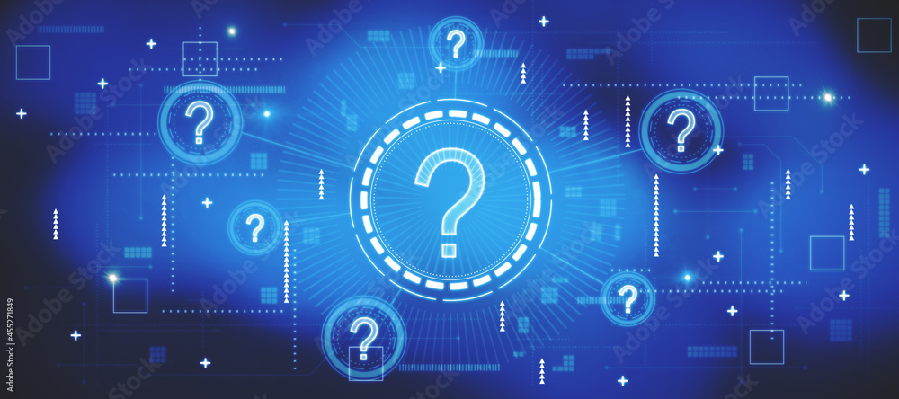 Abstract glowing question marks interface on blurry blue background. Technology, business help and faq concept. 3D Rendering.