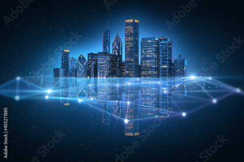Abstract polygonal city with reflections on blue background. Technology and social innovation concept.