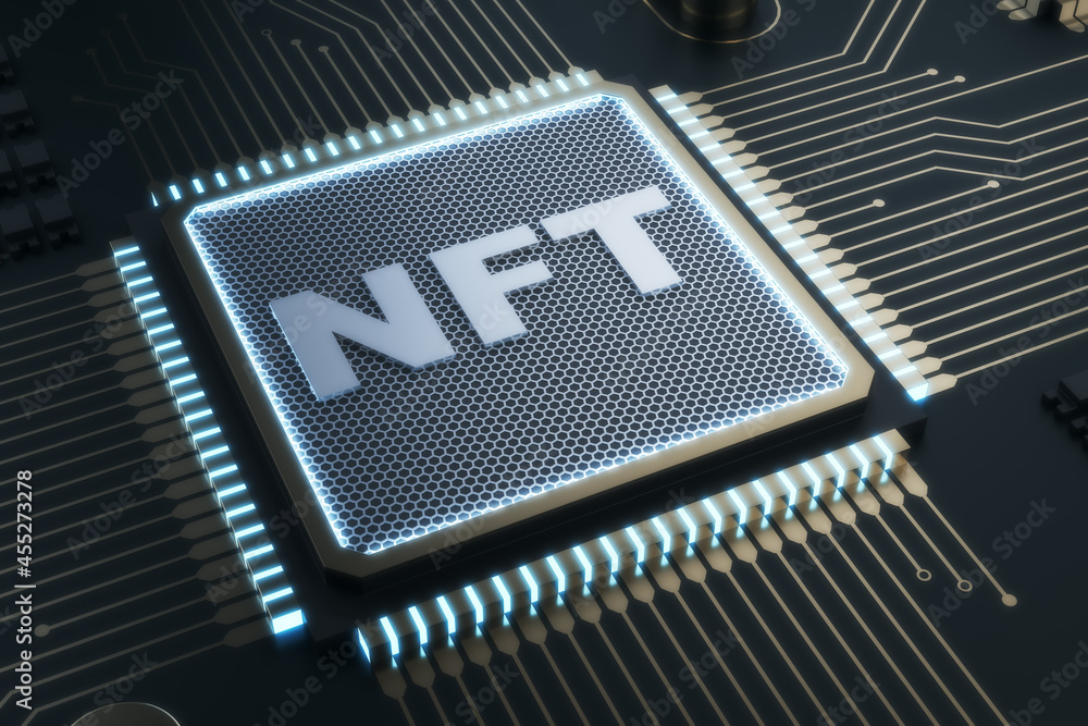 Abstract shiny nft chip on gray background. Non-fungible token and hardware concept. 3D Rendering. - obrazy, fototapety, plakaty 