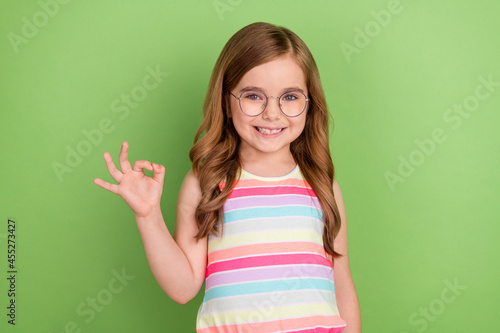 Photo portrait little girl showing okay sign smiling isolated pastel green color background