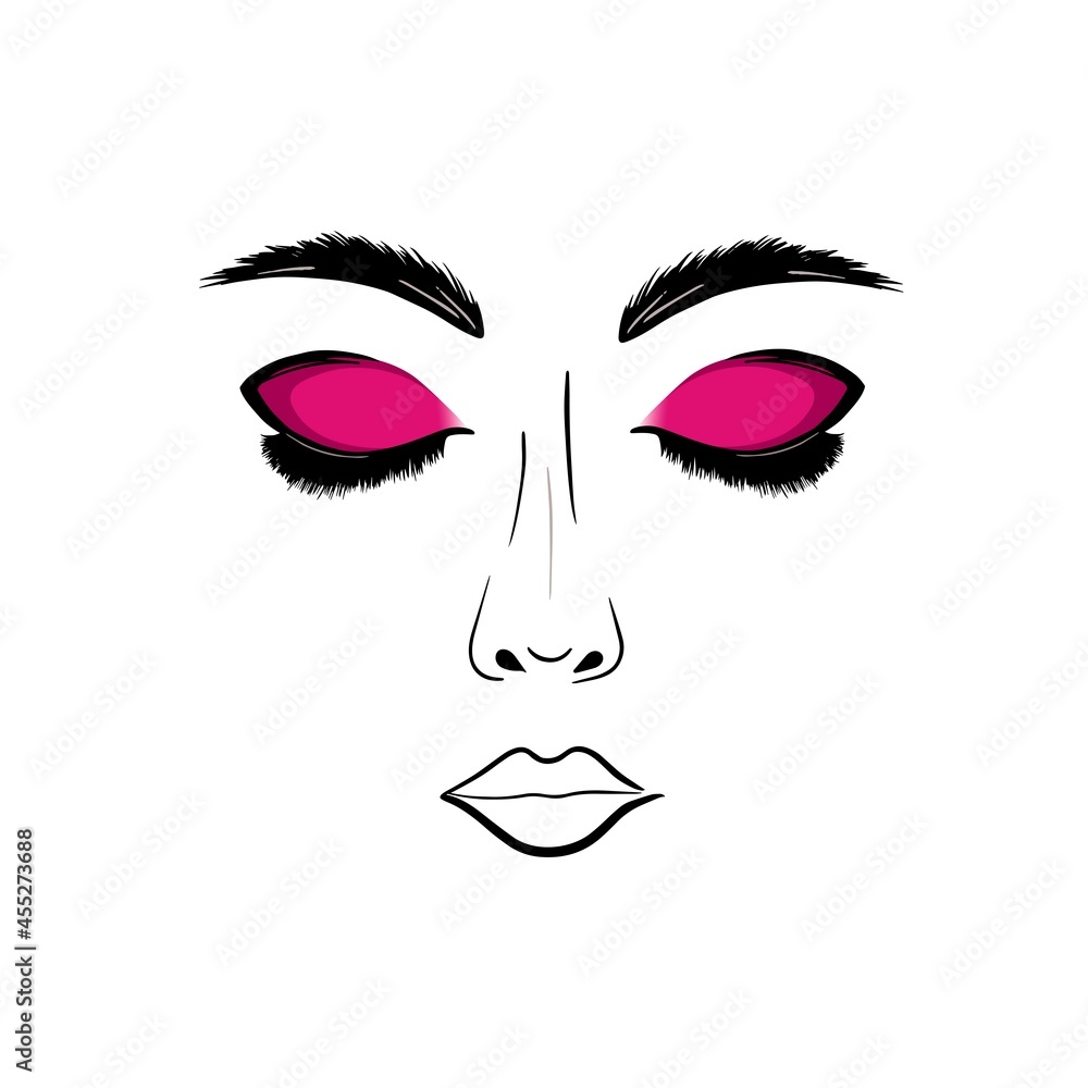Bright makeup, long lashes, sexy girl, face isolated on white background. Fashion illustration for beauty salons, eyebrow masters, lashes makers, tattoo artists, makeup artists, logo. Vector eps 10.