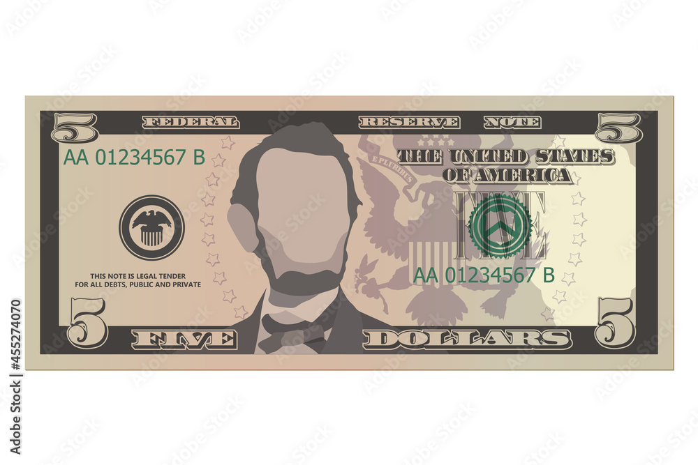 Five dollar bill, 5 US dollars banknote, front side. Simplified vector illustration of USD isolated on a white background - obrazy, fototapety, plakaty 